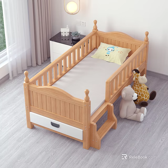 Wooden Kids Bed With Decorative Posts Guardrails Storage Drawer Ladder And Cartoon Pillow 3d model 