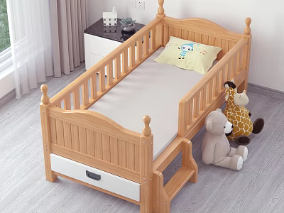 Wooden Kids Bed With Decorative Posts Guardrails Storage Drawer Ladder And Cartoon Pillow 3d model
