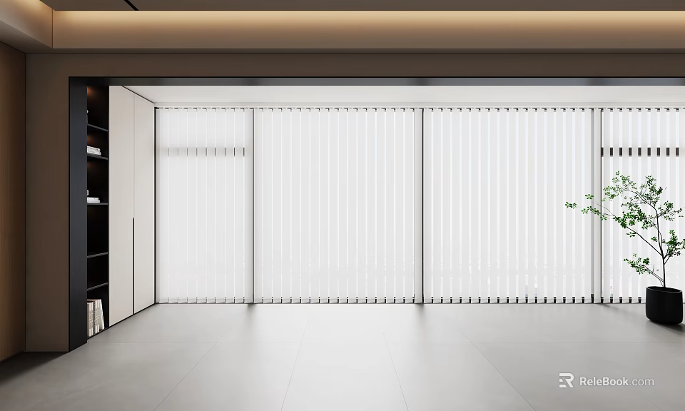 Modern Minimalist Interior With Blinds Shelves And Plant 3d model 
