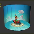 Colorful Pirate Ship Building On Small Island With Clouds And Blue Background