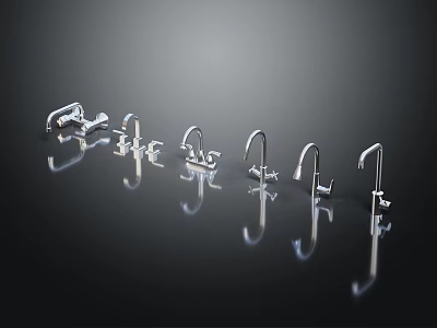 Multiple Silver Hardware Faucets with Different Designs on Black Reflective Background 3d model