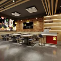 Cozy Restaurant With Brick Walls Yellow Pendant Lights White Tables Refrigerated Cases And Blue Door