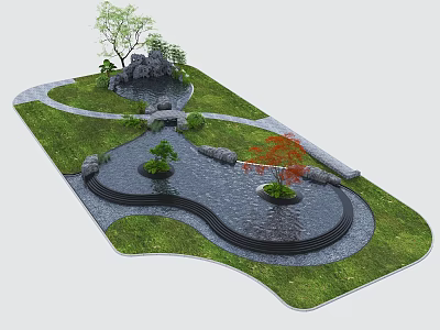 Garden Landscape Design With Green Grass Winding Pathway Pond Rocks And Colorful Trees 3d model