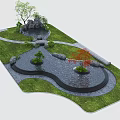 Garden Landscape Design With Green Grass Winding Pathway Pond Rocks And Colorful Trees