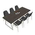 Modern Conference Table with Wooden Top Metal Legs Six Black Chairs and Tabletop Bottles Vase