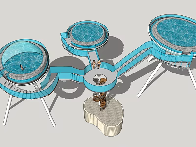 Blue Circular Pools With Connecting Pathways Circular Platform Tables Chairs People And Rock Decoration 3d model