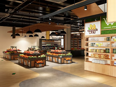 Supermarket Grocery Interior With Fresh Fruit Displays And Well Arranged Product Shelves 3d model