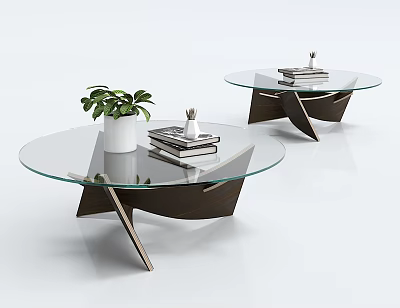 Modern Glass Coffee Table With Round Top Wooden Base And Decorative Books Plant 3d model