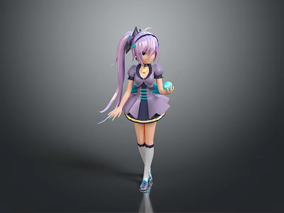 Anime Girl With Long Purple Hair And Blue Uniform Holding Small Blue Creature 3d model