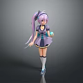 Anime Girl With Long Purple Hair And Blue Uniform Holding Small Blue Creature