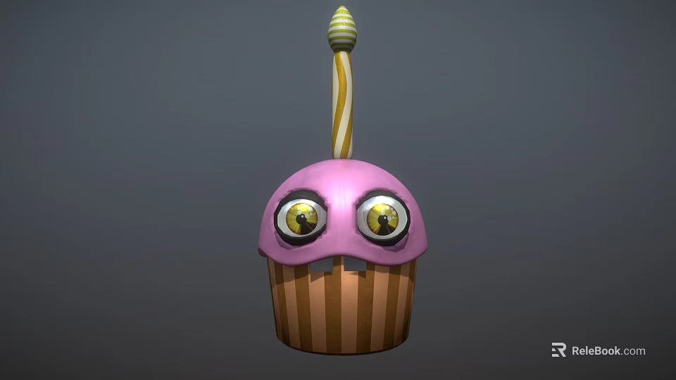 Cute Animated Purple Cupcake Game Movie Character With Big Eyes And Striped Candle 3d model 