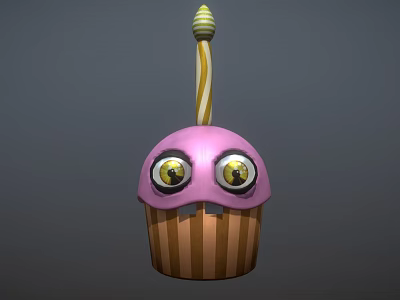 Cute Animated Purple Cupcake Game Movie Character With Big Eyes And Striped Candle 3d model