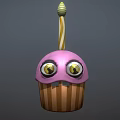 Cute Animated Purple Cupcake Game Movie Character With Big Eyes And Striped Candle