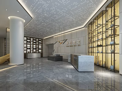 Modern Spacious Reception Desk Area Design With Marble Counter Display Shelves And Lighting 3d model