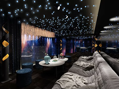 Luxurious Shower Sauna Area With Starry Ceiling Sofas Round Tables And Blue Decorations 3d model