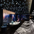 Luxurious Shower Sauna Area With Starry Ceiling Sofas Round Tables And Blue Decorations 3d model