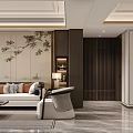 Modern Chinese Living Dining Room Interior With Pine Pattern Wall Sofa And Marble Floor 3d model