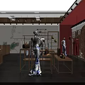 Traditional Chinese Clothing Store with Red Eaves White Walls and Blue White Qipao Mannequins