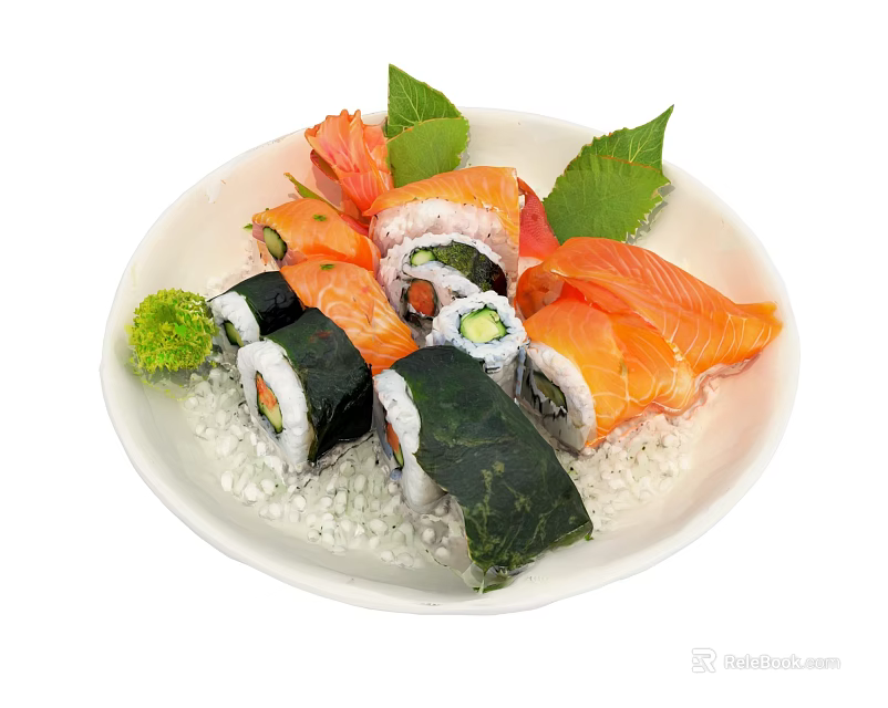 Delicious Sushi Platter With Salmon Maki Rolls Seaweed Rice And Fresh Green Leaves 3d model 