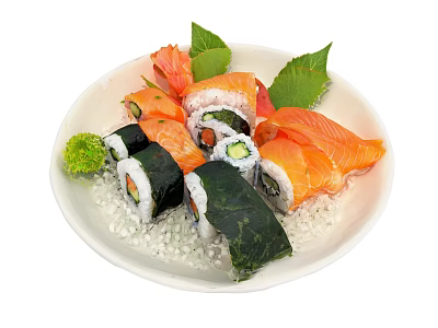 Delicious Sushi Platter With Salmon Maki Rolls Seaweed Rice And Fresh Green Leaves 3d model