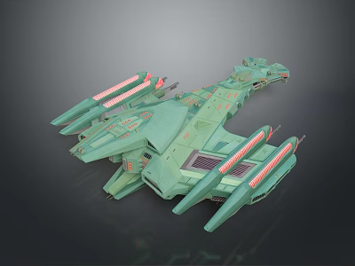 Green Sci Fi Spaceship With Prominent Structures And Red Glowing Components 3d model