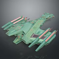 Green Sci Fi Spaceship With Prominent Structures And Red Glowing Components 3d model