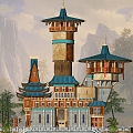 Chinese City Lookout Tower Castle Game Movie Scene 3d model