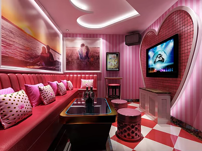 Stylish KTV Room Interior With Red Sofa Heart Shaped Wall TV Screen And Checkerboard Floor Decor 3d model