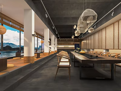 Modern Tea House Interior With Large Windows Mountain View And Wooden Furniture 3d model