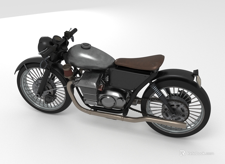 Vintage Silver Black Motorcycle With Brown Leather Seat Classic Engine And Wheels 3d model 