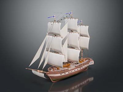 Model Sailing Ship With White Sails Multiple Masts And Brown Hull 3d model