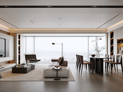 Modern Living And Dining Room Interior With Floor To Ceiling Windows Sofa And Dining Table 3d model