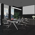 Modern Conference Room With Large Windows City View Projection Screen And Green Plants