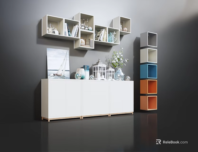 Modern White Bookcase With Wall Mounted Blue Orange Cubes Books Decorations Vase And Plants 3d model 