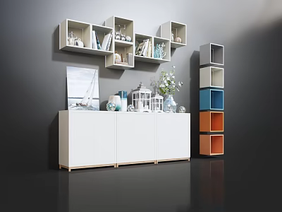 Modern White Bookcase With Wall Mounted Blue Orange Cubes Books Decorations Vase And Plants 3d model
