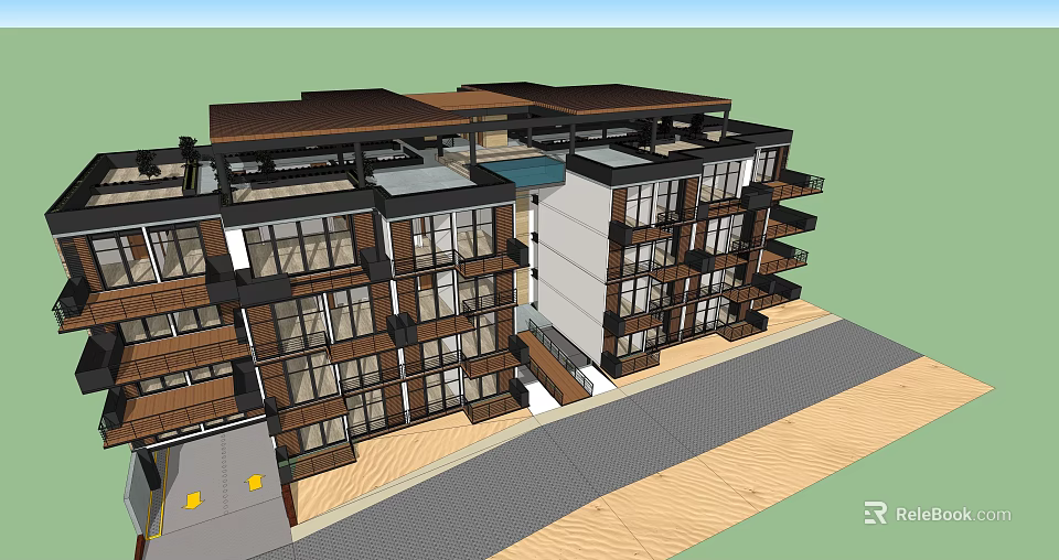 Modern Multi Storey Apartment Building With Glass Windows Balconies And Wooden Elements 3d model 
