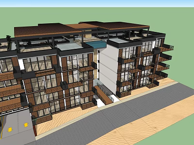 Modern Multi Storey Apartment Building With Glass Windows Balconies And Wooden Elements 3d model