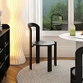 Modern Dining Table Set With White Cylindrical Table Black Chairs Natural Light And Mountain View