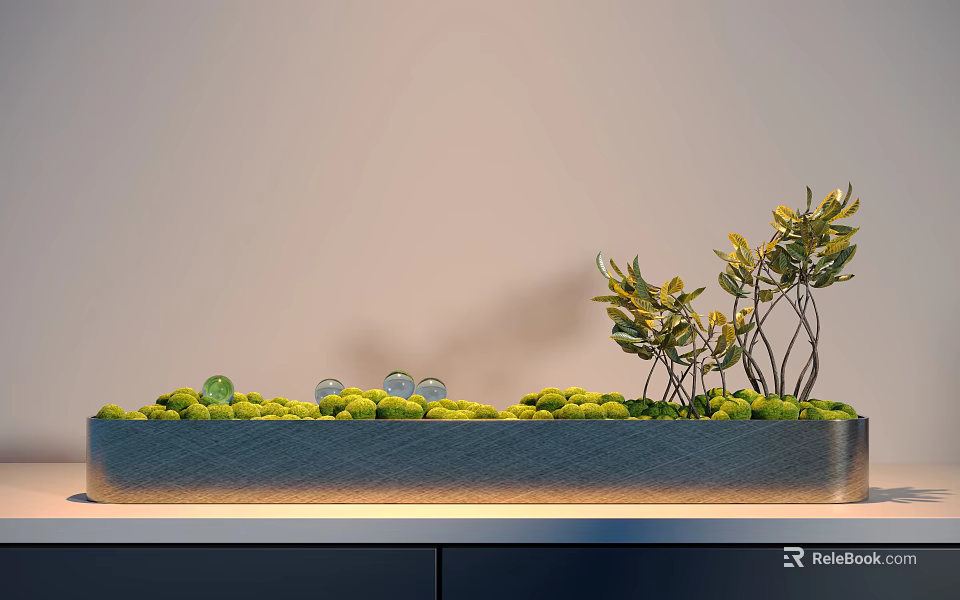 Modern Bonsai Potted Plant With Green Leaves And Small Decorative Balls On Gray Tabletop 3d model 
