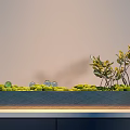 Modern Bonsai Potted Plant With Green Leaves And Small Decorative Balls On Gray Tabletop
