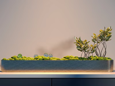 Modern Bonsai Potted Plant With Green Leaves And Small Decorative Balls On Gray Tabletop 3d model