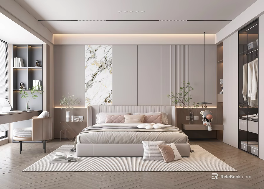 Modern Bedroom Interior Design With Large Bed Plush Pillows Soft Lighting And Marble Wall Art 3d model 