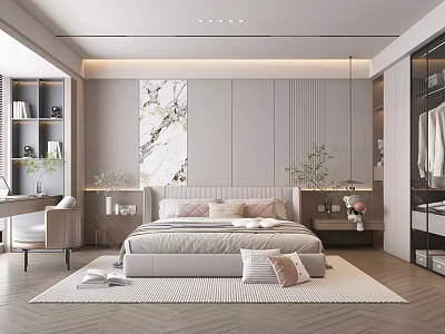 Modern Bedroom Interior Design With Large Bed Plush Pillows Soft Lighting And Marble Wall Art 3d model