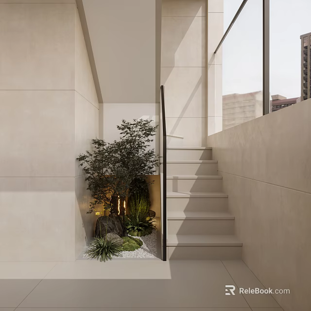 Modern Staircase Space Featuring Indoor Plants Light Colored Walls And Large Window 3d model