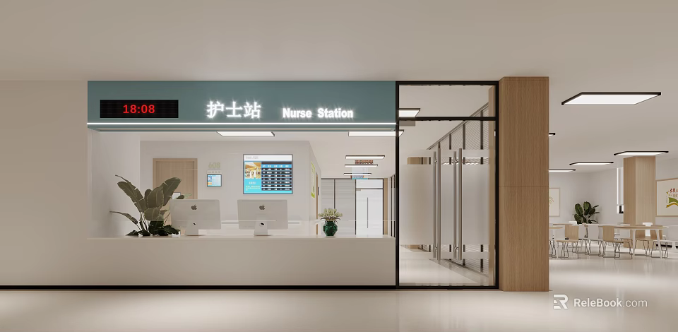 Modern Nurse Station Entrance With Digital Sign Glass Doors Reception Counter And Green Plants 3d model 