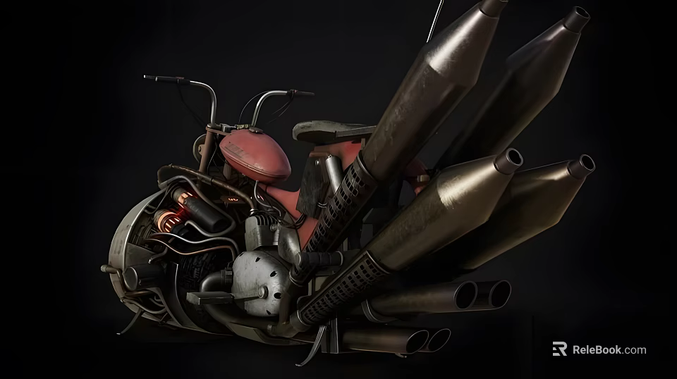 Vintage Modified Motorcycle With Red Seat Multiple Exhaust Pipes And Exposed Mechanical Parts 3d model 