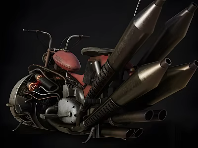 Vintage Modified Motorcycle With Red Seat Multiple Exhaust Pipes And Exposed Mechanical Parts 3d model