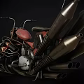 Vintage Modified Motorcycle With Red Seat Multiple Exhaust Pipes And Exposed Mechanical Parts
