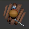 Cartoon Warrior Character With Orange Hair Red Scarf Blue Outfit And Sword On Wooden Platform