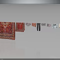 Household Items With Red Patterned Carpets And Hanging Different Style Clothes Pants Shirts